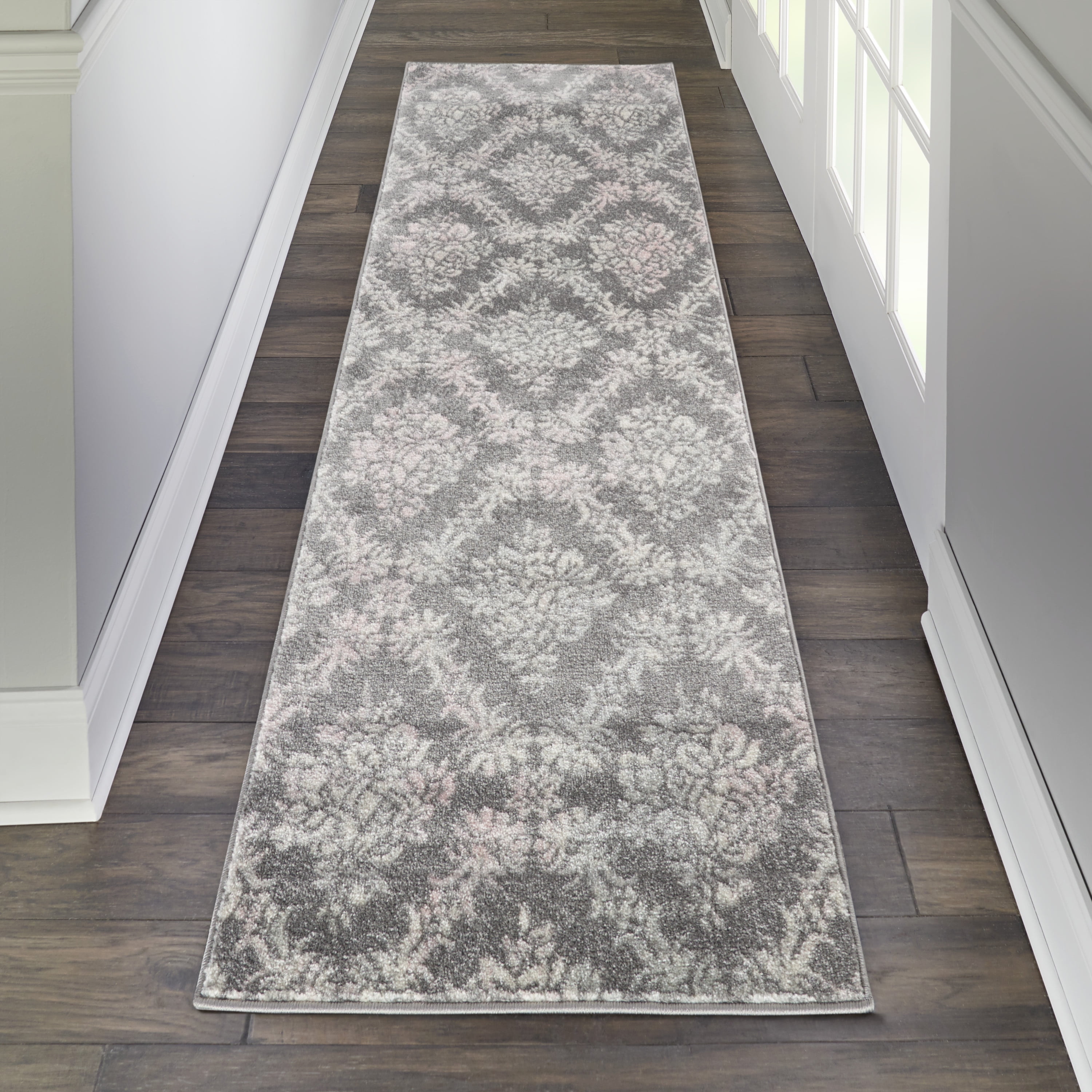 Nourison Tranquil Vintage Damask Grey/Pink Area Rug