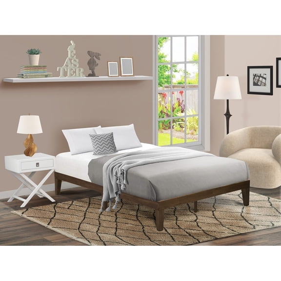 Retro Platform Bed Frame - Modern Wood Bed with Solid Legs - Mid-Century Bedroom Furniture - Walnut Finish
