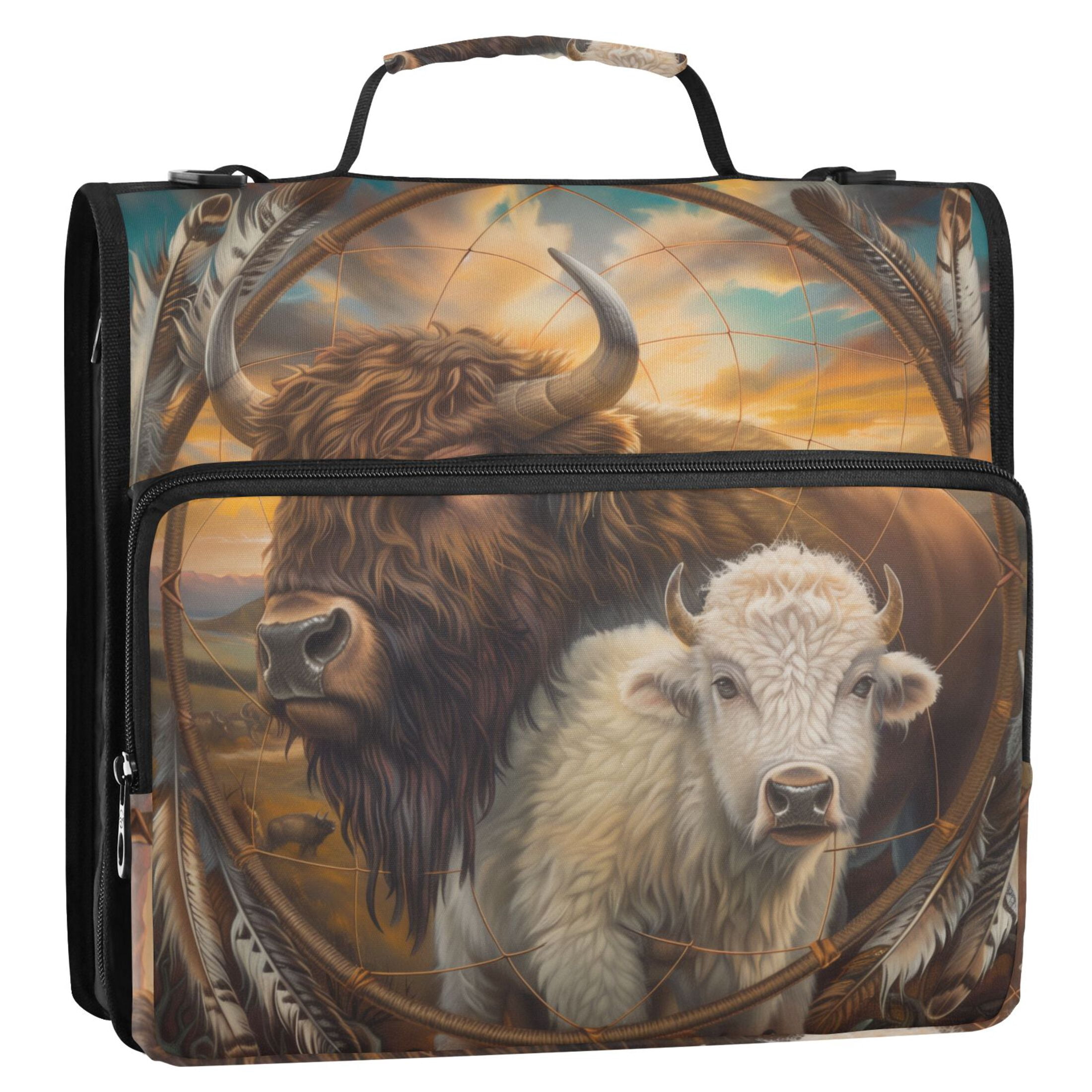 3 Ring Zipper Binder with Shoulder Strap Waterproof Trapper Keeper 2 Inch D-Ring 500 Sheets Capacity Cattle with Feathers