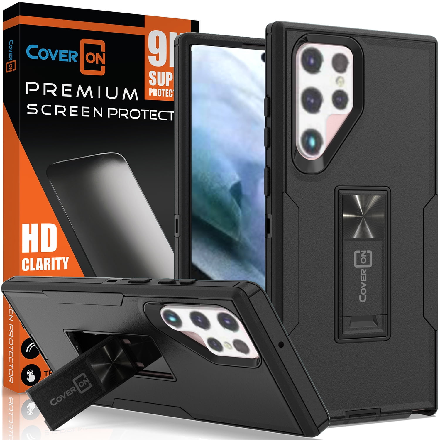 Coveron For Samsung Galaxy S22 Ultra Case And Screen Protector Tempered Glass Military Grade Heavy Duty Full Body Phone Cover Kickstand Black Walmart Com