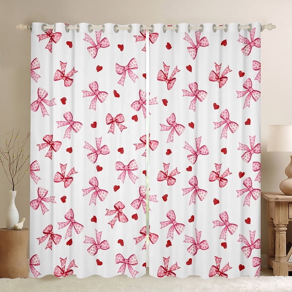 Manfei Polka Dots Bow Knot Blackout Curtains Set of 2 (52x84 Each), Red Love Heart Print Window Curtains, White Pink Girl Curtains and Drapes, Lightweight Bedroom Decor