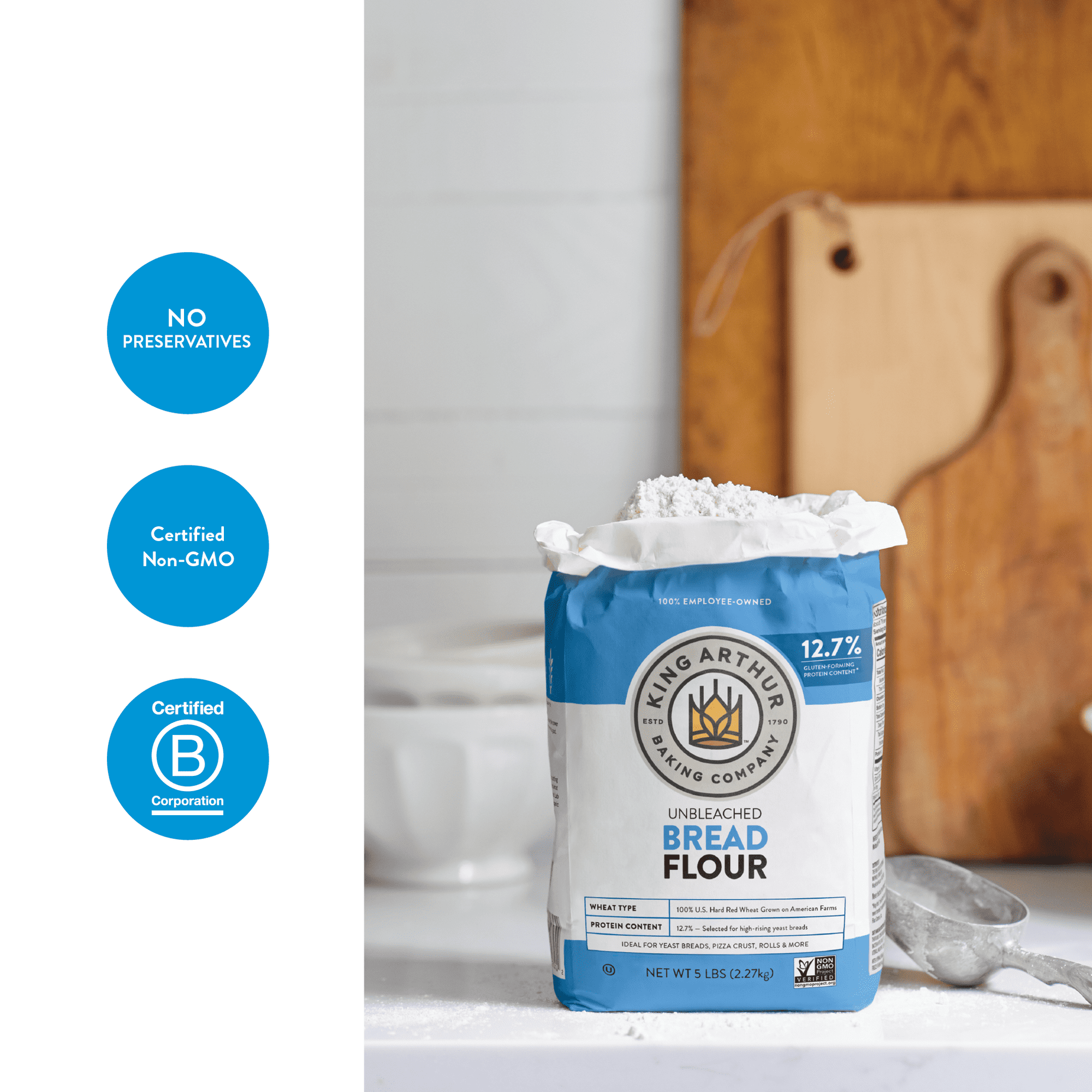 King Arthur, Unbleached Bread Flour, Non-GMO Project Verified, Certified Kosher, No Preservatives, 5 lbs