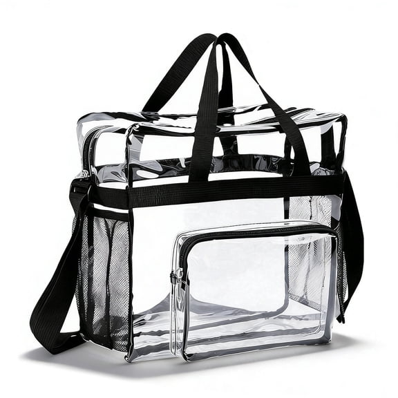 PVC Tote Pack Bag 12x12x6 inch, Clear PVC Messenger Bag See Through Tote, Stadium Approved Handbag Transparent Pouch Hand Bags with Top Handle & Adjustable Shoulder Strap