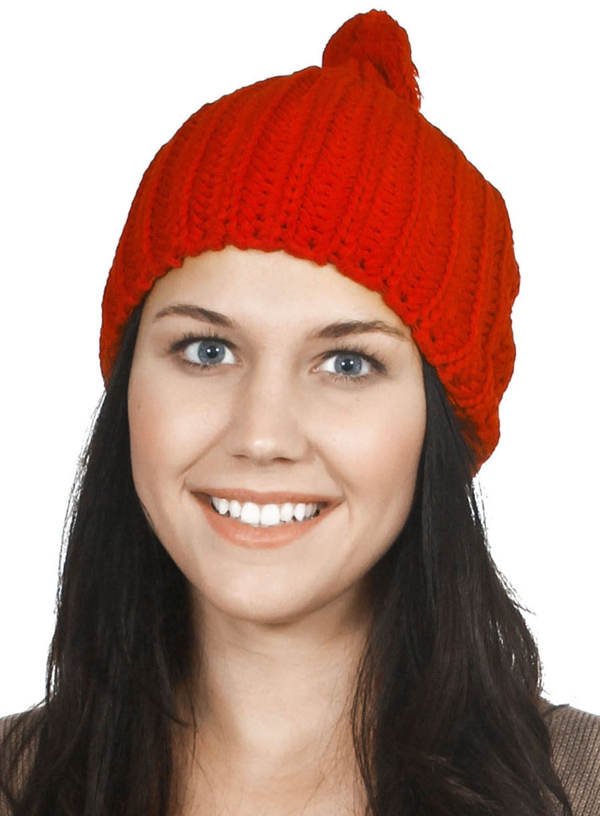 Large Pom Pom Cuff Beanie Hat,Red 