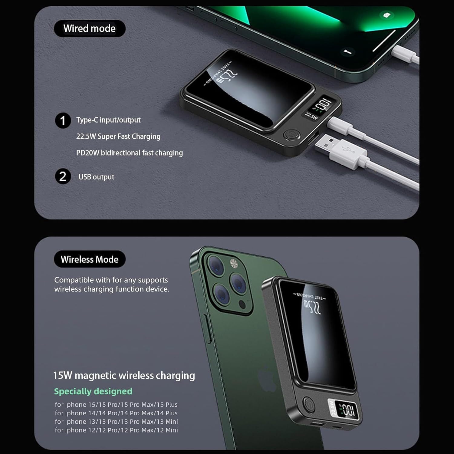 Magnetic Wireless Power Bank, 10000mAh Magnetic Portable Charger for iPhone, for MagSafe 22.5W Battery Pack Fast Charging with LED Display, Compatible with Smartphones, Tablets, etc