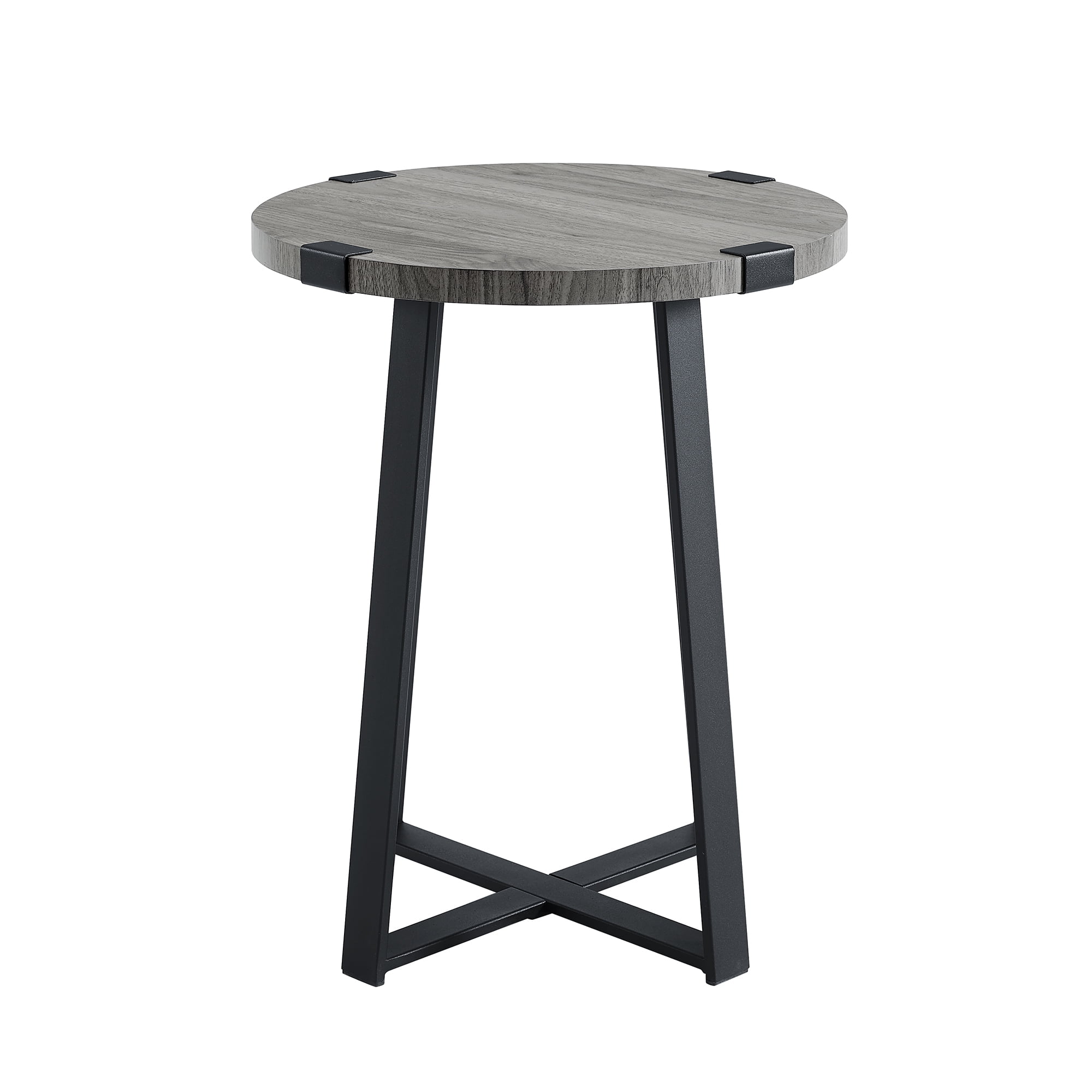 Woven Paths Rustic Wood and Metal Round End Table, Slate Grey