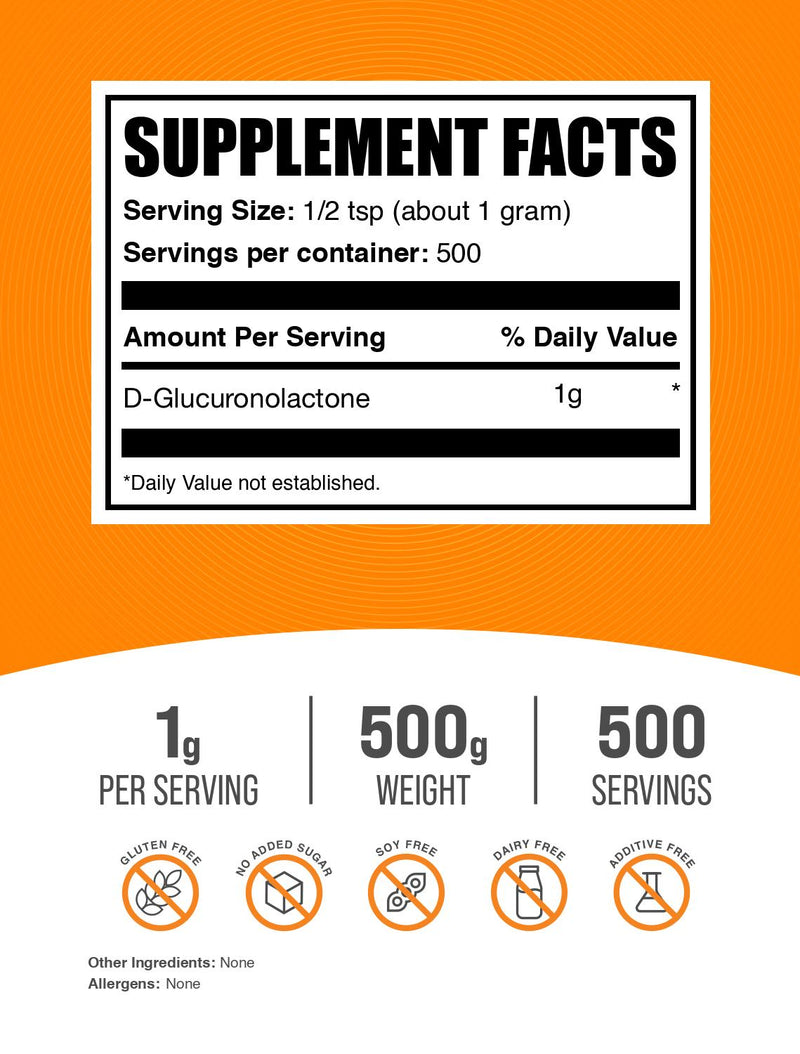 BulkSupplements D-Glucuronolactone Powder - 1g per Serving - 500 Grams (1.1 lbs) - 500 Servings