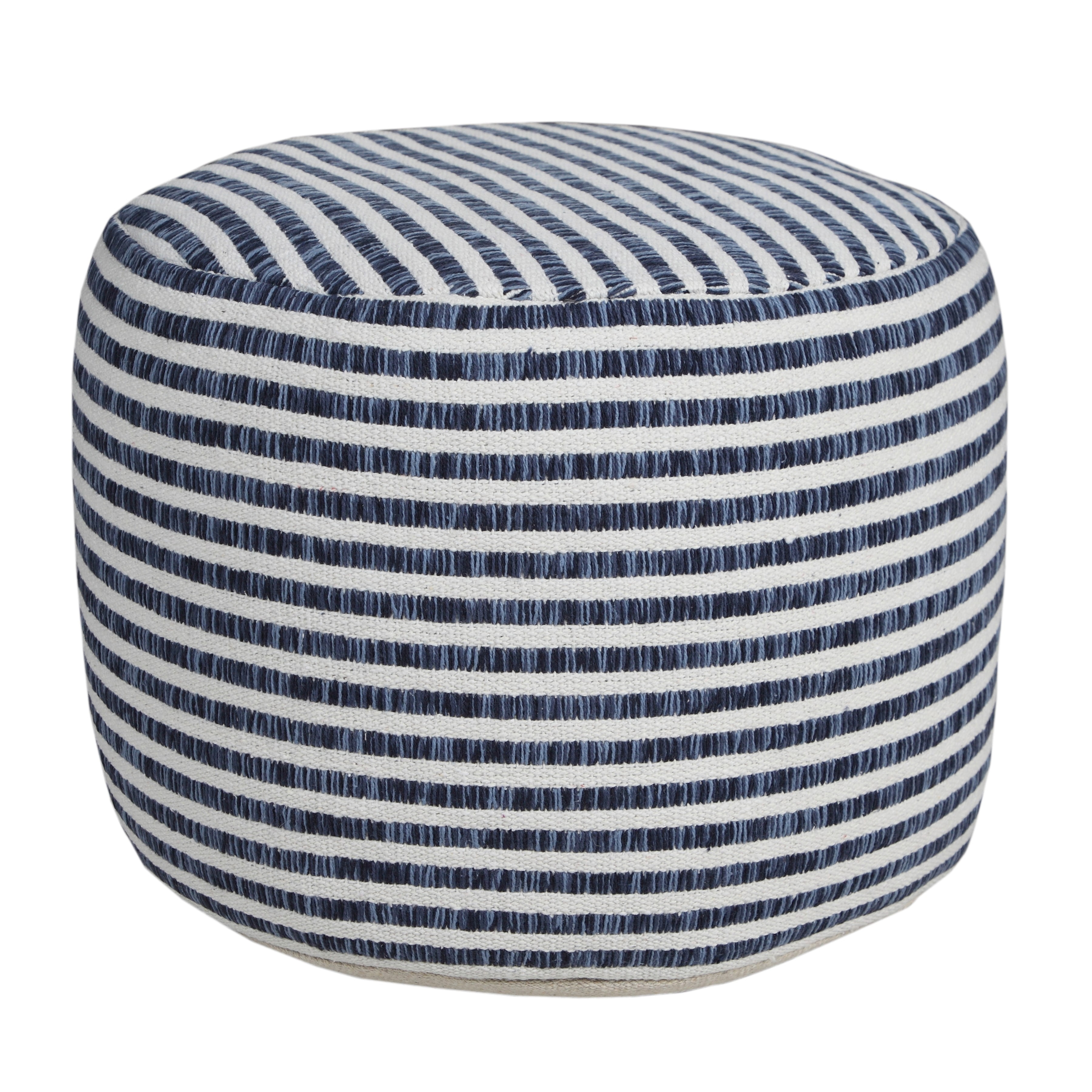 LR Home Oakley Round Blue/White Striped Indoor Small Pouf Ottoman, 14" H x 18" W
