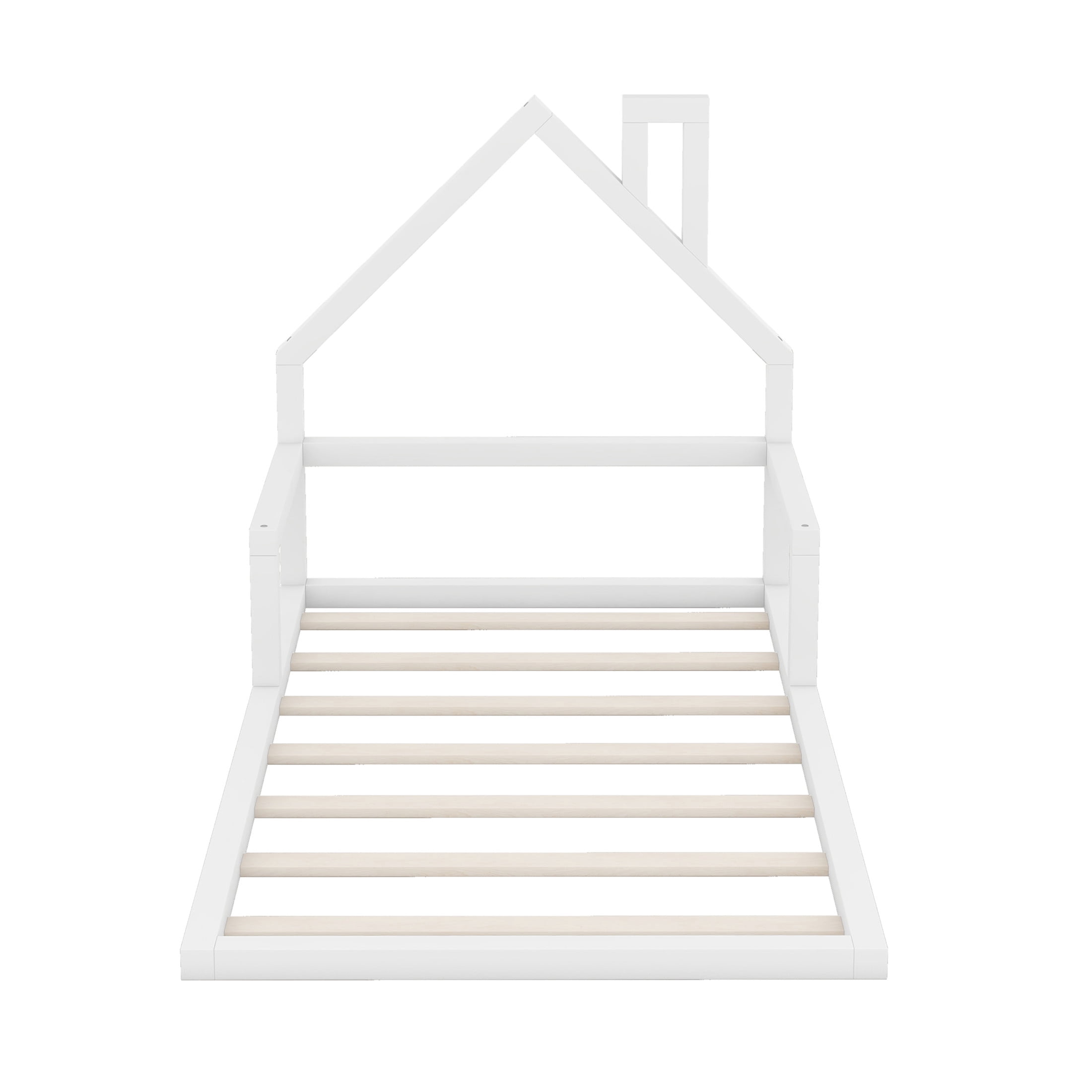 Noble House Twin Wood Floor Bed, Montessori House-Shaped Headboard with Chimney Detail, Safety for Kids, White