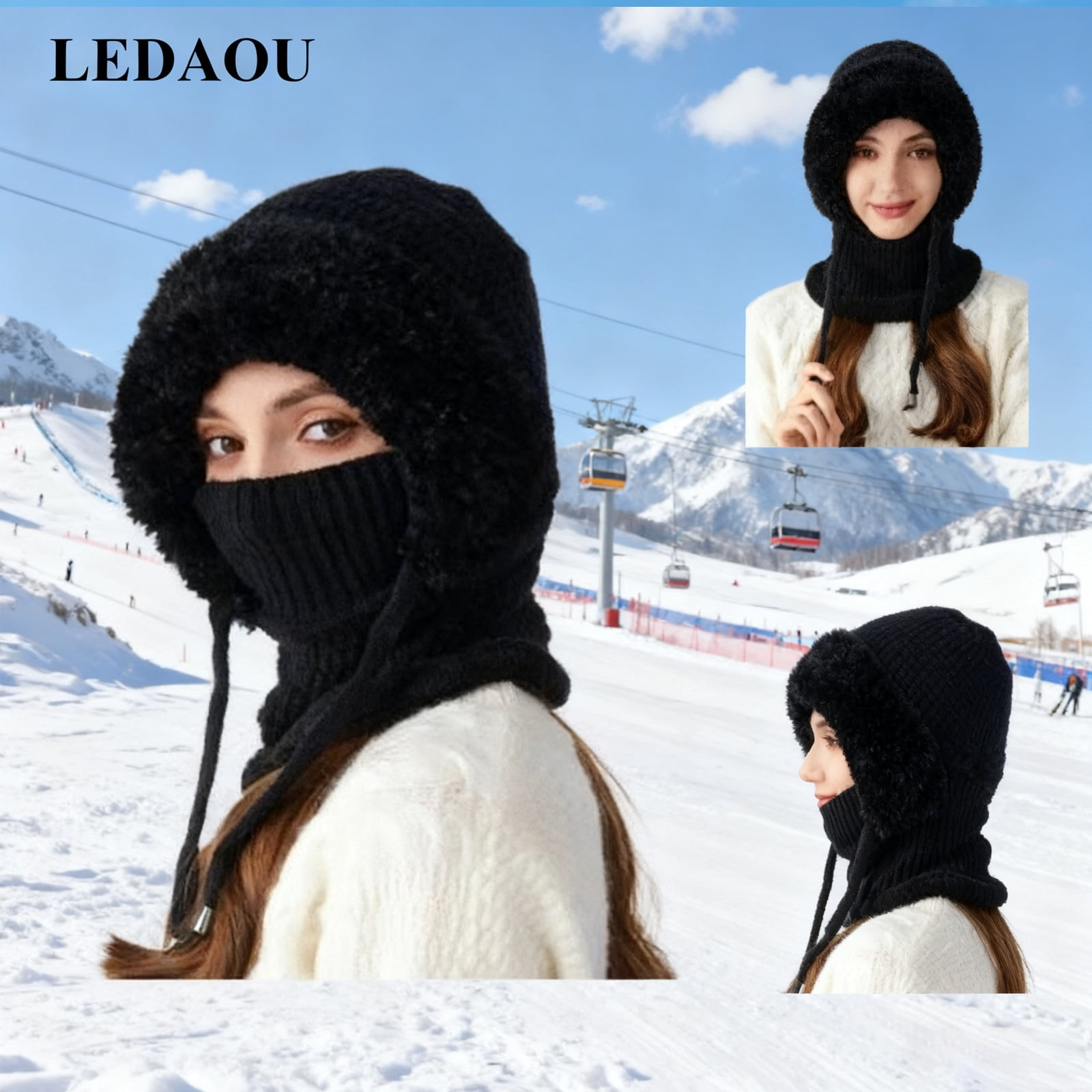 3 In 1 Beanie Hat for Women, Windproof Cold-Proof Balaclava Hat with Scarf and Mask for Snow Caps Ski