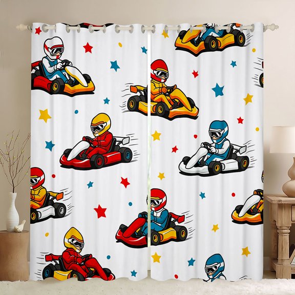 Manfei Cute Race Car Kitchen Curtains,Kawaii Stars Black Out Curtains Pack of 2 (42x63 Each),White