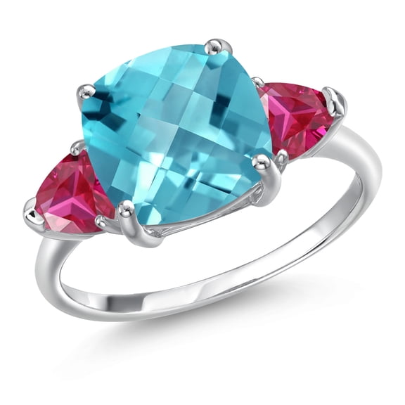 Gem Stone King 10K White Gold Swiss Blue Topaz and Red Created Ruby Engagement Ring for Women | 4.91 Cttw | Cushion Checkerboard 10MM | Gemstone November Birthstone | Size 5
