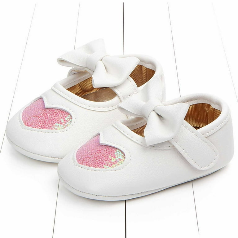 Gililing Baby Girls Dress Shoes Mary Jane Flats, Glitter Heart Bow Shoes with Soft Non-Slip Soles, Closed-Toe Crib Shoes for Weddings Parties Casual