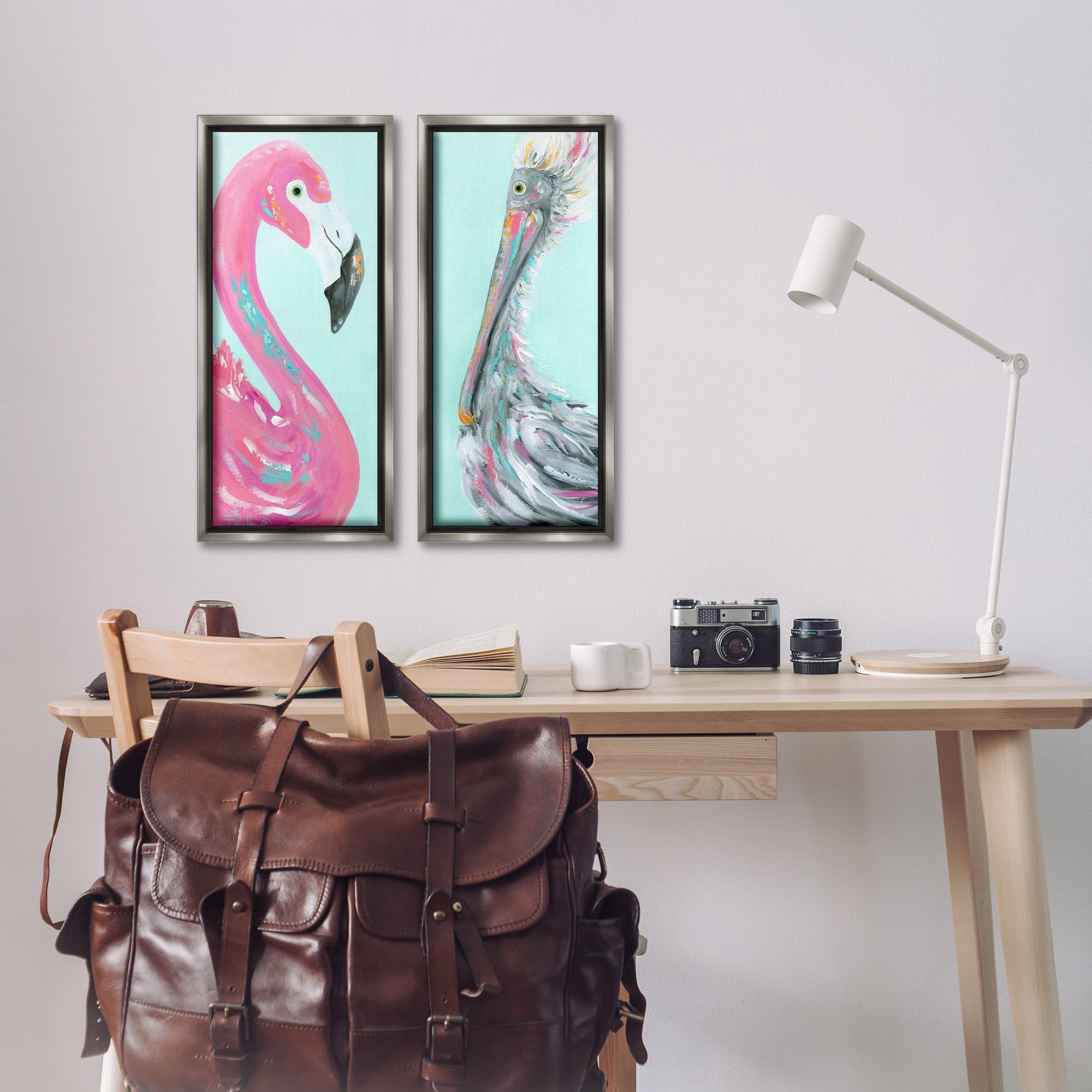 Stupell Industries Odd Flamingo Pelican Profile Animals Painting Gray Floater Framed Canvas Art Print Wall Art, 11 x 25, Set of 2