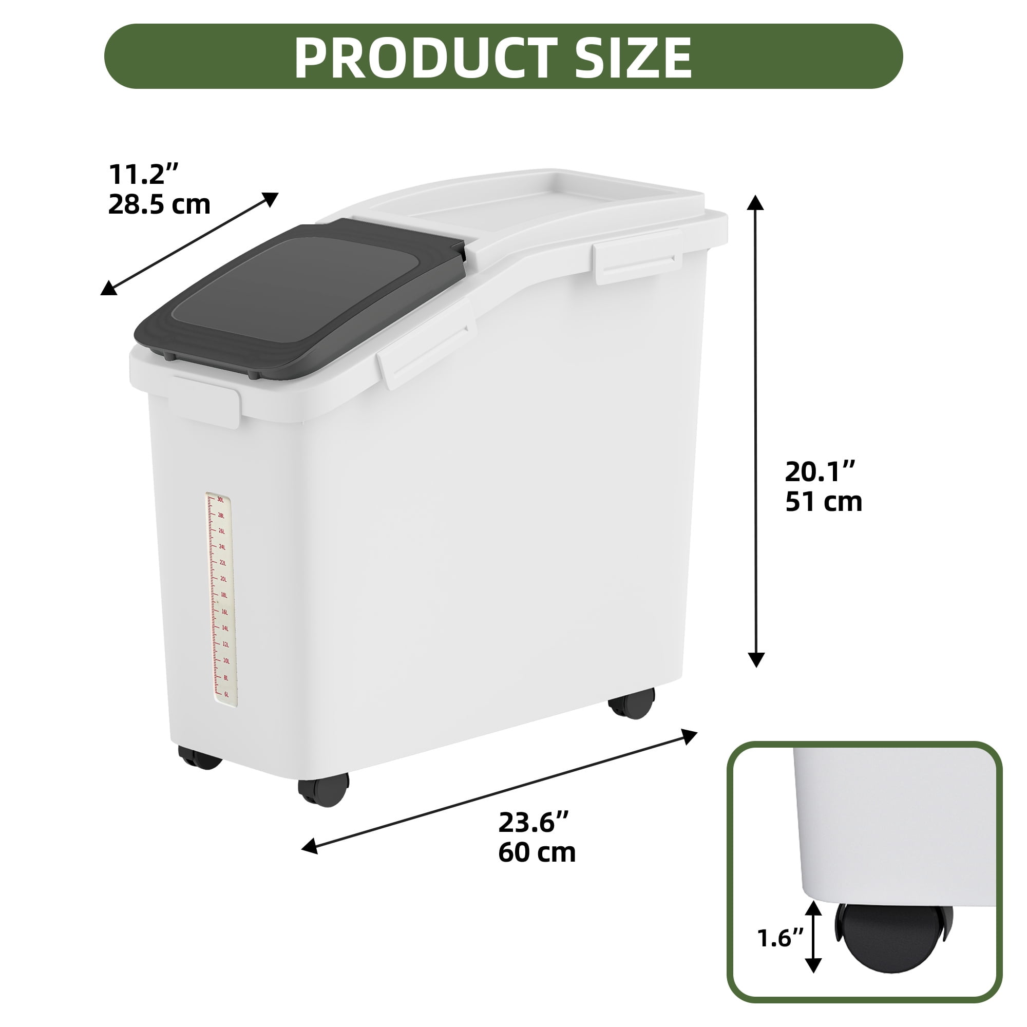 Uforic 11.4 Gal Large Ingredient Storage Bin, 90lb/50L Bulk Rice Flour Storage Container, 280 Cups Capacity Bin with Wheels, Lid, Scoop and Built-in Scale, Kitchen Dry Food Storage Bin, White