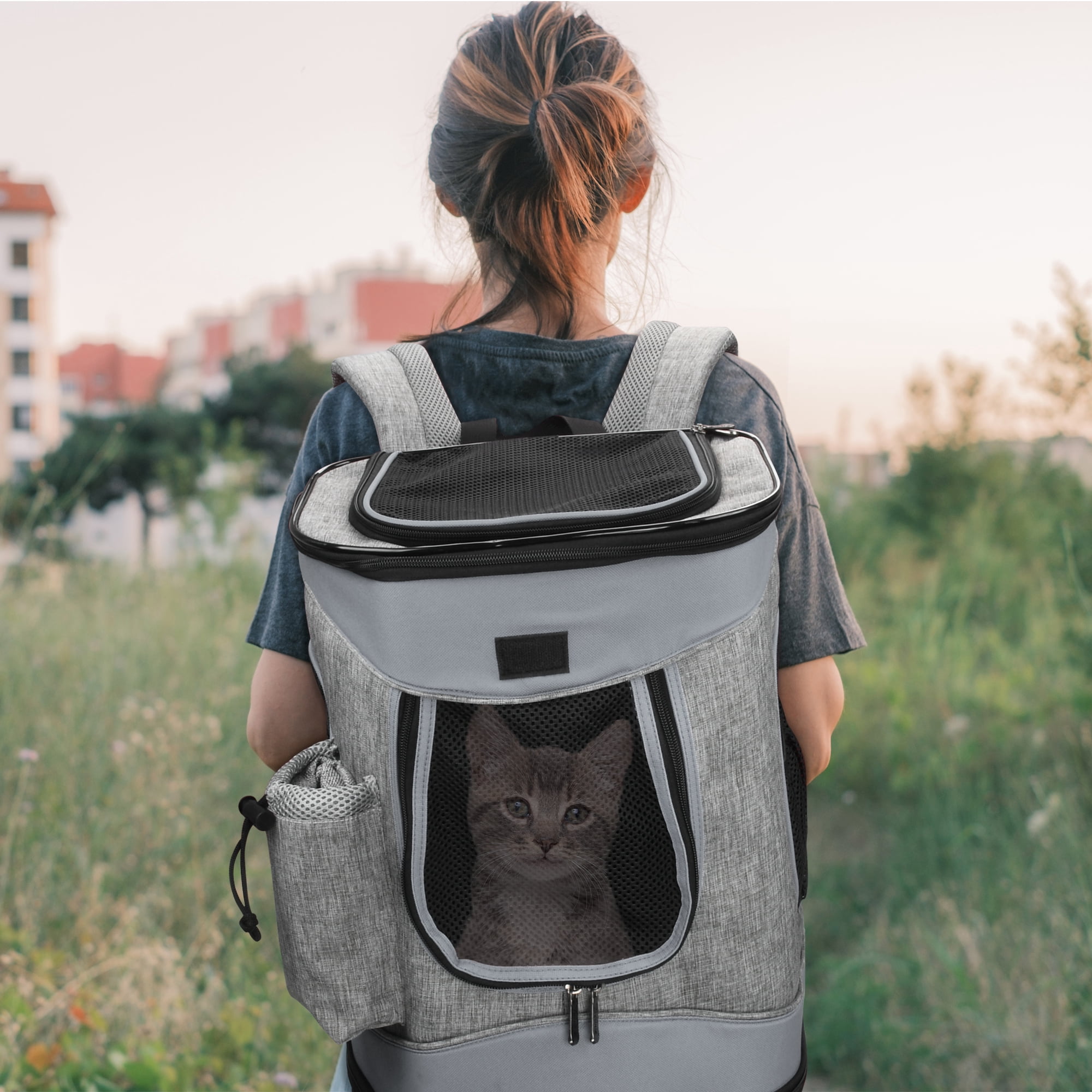 Solaris Adjustable Pet Carrier Backpack for Dogs and Cats, Puppies, Portable Cat Carrier Backpack with Bottle Pocket, Two Mesh Window for Breath,Gray