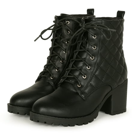 

Women Booties Mid Heels Lace Up Detail With Quilted Upper Black
