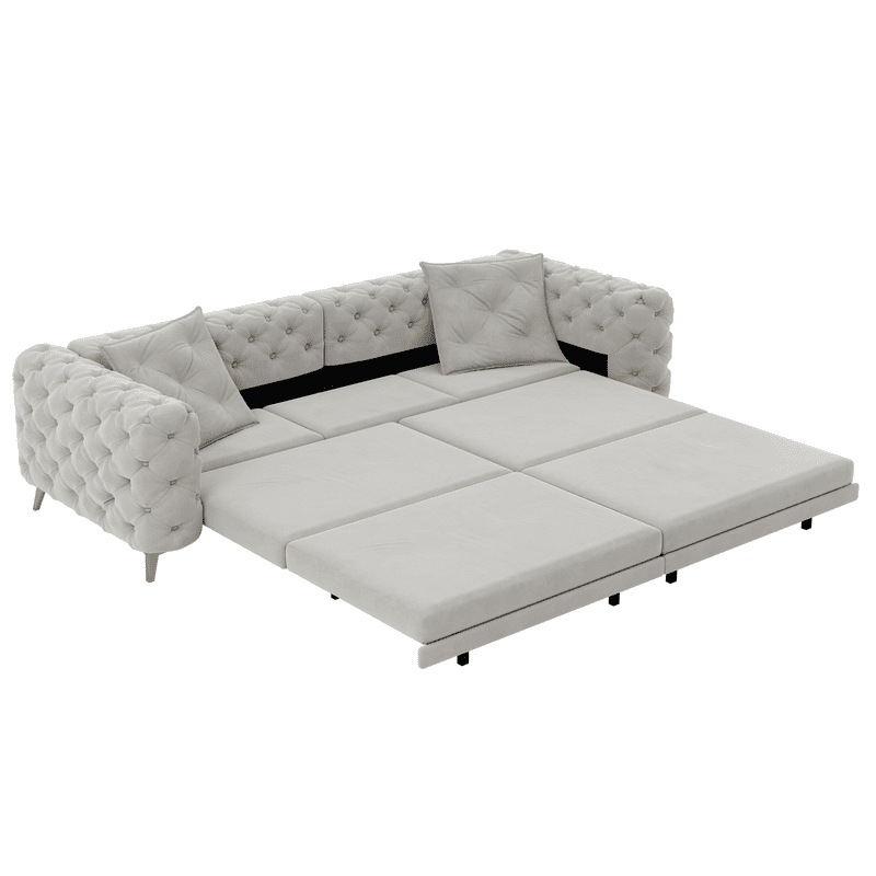 3-in-1 Convertible Sleeper Sofa Bed, 97.7'' 4-Seater Velvet Couch with Pull Out Bed & Movable Ottoman, Deep Seat Tufted Futon for Living Room, Apartment & Office