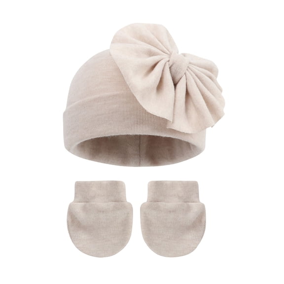 Zwiiyzr Kids Winter Beanie and Gloves Set Bow Knit Hat Unisex Gloves Winter Gift for Boy Girl 0-6 Months Beige