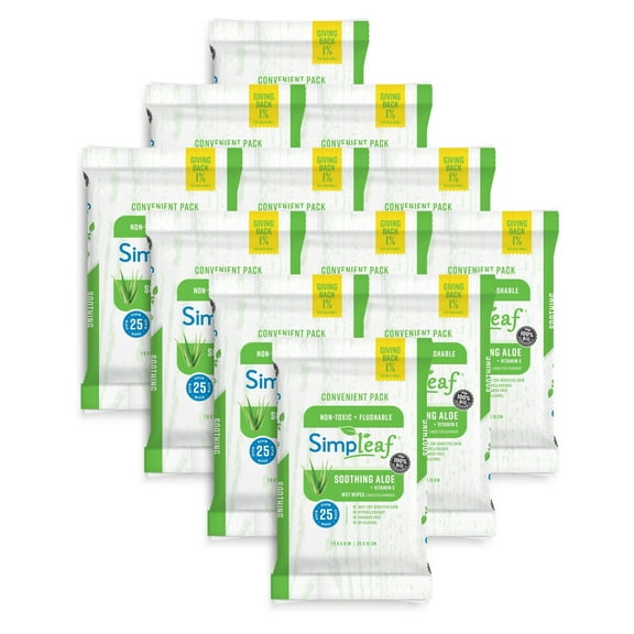 Simpleaf Flushable Wet Wipes | Eco- Friendly, Paraben & Alcohol Free | Hypoallergenic & Safe for Sensitive Skin | Soothing Aloe Vera & Vitamin E Formula | (25-Count) 12 Pack - Bundle and Save