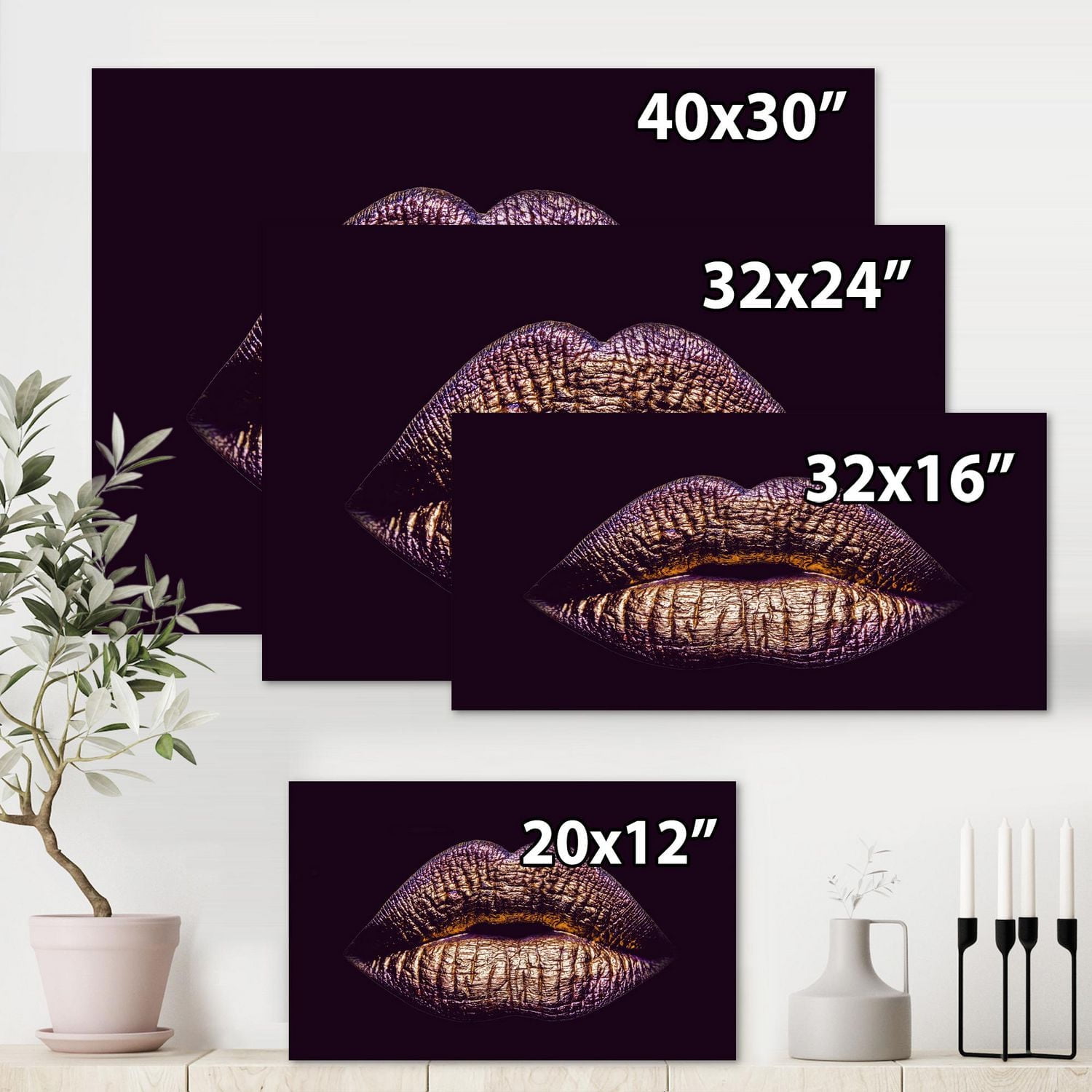 Designart Sexy Golden Metallized Female Lips III Canvas Wall Art