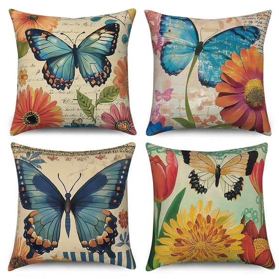 Dashan Spring Summer Throw Pillow Covers 18x18 Set of 4,Flower Butterfly Decorative Pillow Cases for Bedroom Sofa Couch
