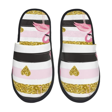 Balery Gold Glittering Hearts and Flamingos Slient Indoor Furry Fleece Comfort House Shoes Soft Non-Slip Home Shoes Cotton slippers House Slippers-- Medium