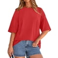 thumbnail image 2 of Women's Oversized Tshirts Crewneck Summer Short Sleeve Loose Fit Solid Color Basic Tees Casual Daily Wear Tops, #02 Red, L, 2 of 6