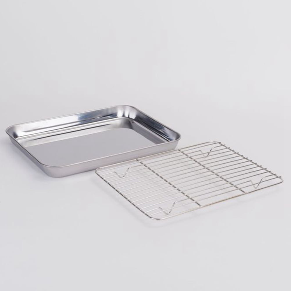 HKJ Chef Cookie Sheets and Nonstick Cooling Rack & Stainless Steel Baking Pans & Toaster Oven Tray Pan Baking Sheets 2 Pieces with A Rack Rectangle Size 16 x 12 x 1 inch & Non Toxic 