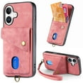 thumbnail image 1 of For Iphone 16 Plus Retro Card Wallet Fold Leather Phone Case With Strap(Pink),iPhone 12, 1 of 8