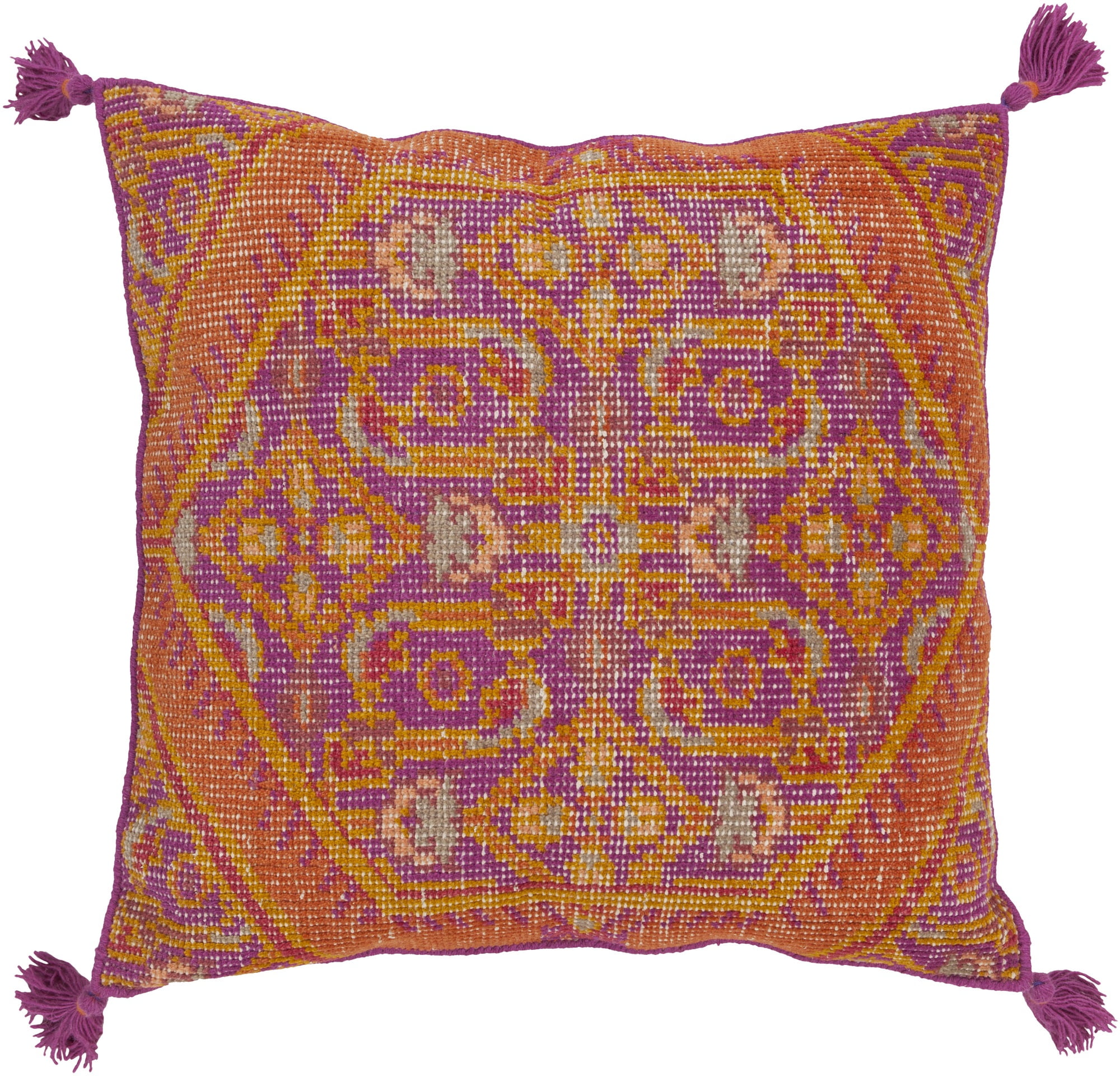 30" Orange and Purple Hand Knotted Traditional Throw Pillow with Fringe Poly Filled Walmart