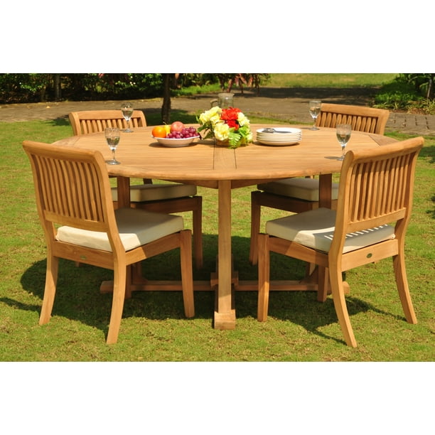 Teak Dining Set 4 Seater 5 Pc 72" Round Dining Table And 4 Arbor