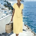 thumbnail image 6 of Pounoo Women's Dresses V Neck Short Sleeve Wrap Linen Blend Midi Dress With Waist Tie Casual Beach Wear Lightweight Breathable Loose Fit Vacation Sundresses Gift, 6 of 7