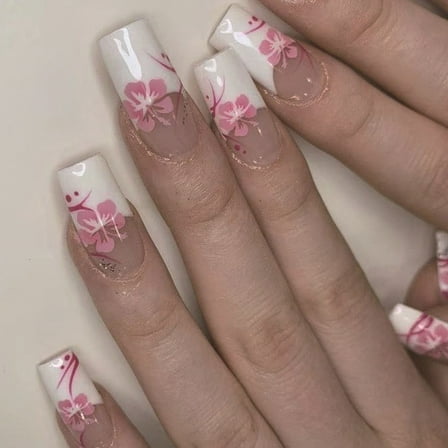 24Pcs Press on Nails Coffin Glues on Nails French Fake Nails Designs False Nails Artificial Nails Gifts for Women Girls