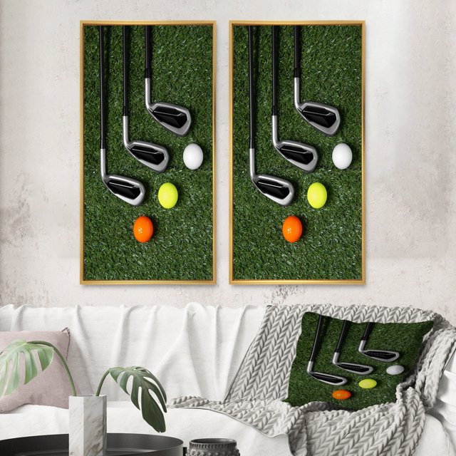 Designart "Excellent Golf Set Swing II" Golf Framed Wall Art Set Of 2 - Green Sports Framed Canvas Set For Living Room Decor