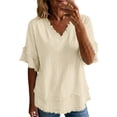 thumbnail image 3 of Linen Shirt for Women,v Neck Short Sleeve 2026 Summer Spring Casual Shirt Summer Basic Blouse Fashion Clothing Outfits Relaxed Fit Clothes Loose V Neck Blouse,Beige,L, 3 of 8