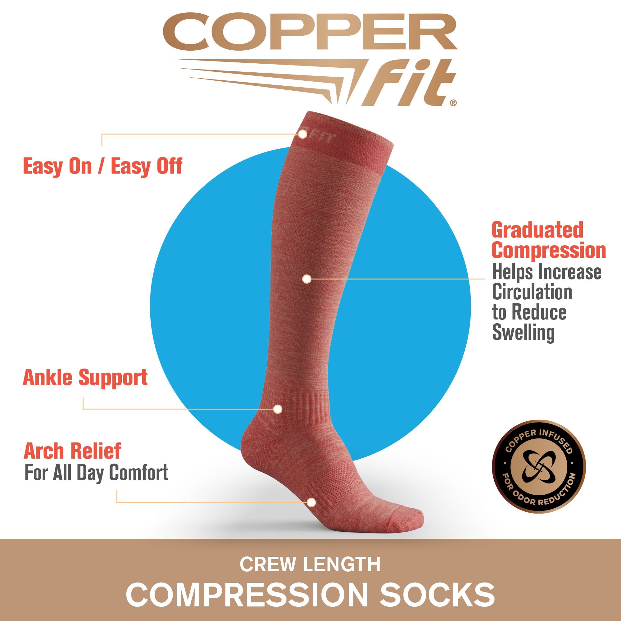 Copper Fit® Compression Socks, Copper Infused Easy-On/Off, 1-pair, Unisex, Heather Coral, S/M