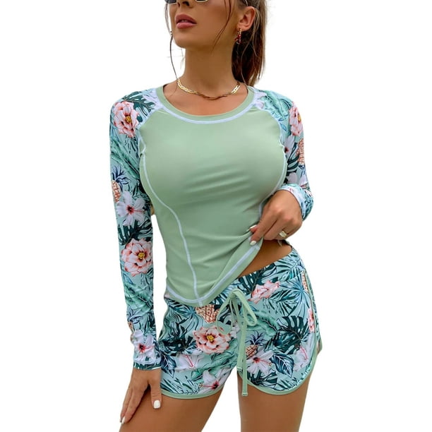 Innerwin Ladies 2 Piece Rash Guard Long Sleeve Bathing Suit Sun Protection  Wireless Swimsuit Set Floral Beach Green S 