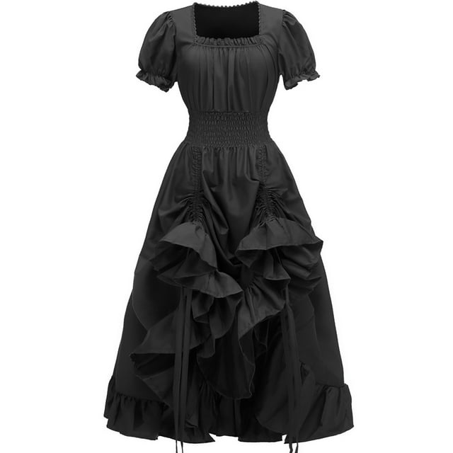 LOVZFMLL Robe Cosplay Médiévale à Manches Courtes pour Femmes Couleur Unie Noire P