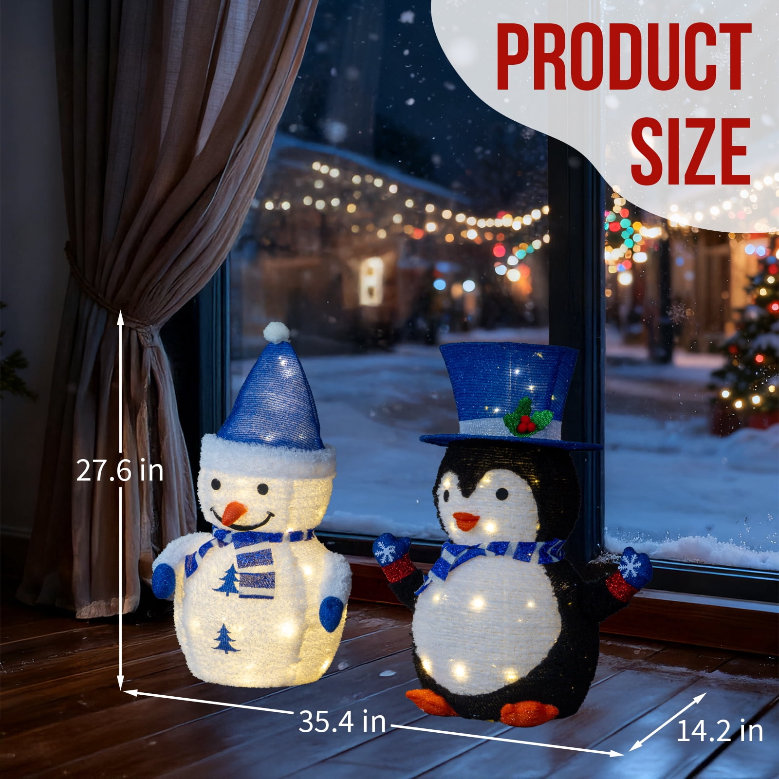 Astoutdoor Set of 2 Lighted Plush Penguin and Snowman Christmas Decorations, Pre-lit Pull Up Holiday Decor with 100 Warm White LED Lights