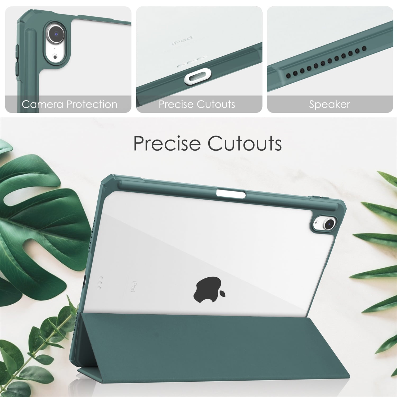 SaniMore Case for Apple iPad Air 11 (2024), Auto Sleep/Wake Shock Resistant [Built-in Pencil Holder] Flip Stand [Dual Angle] Transparent Slim Lightweight Anti-fall Tablet Shell, Deep Green