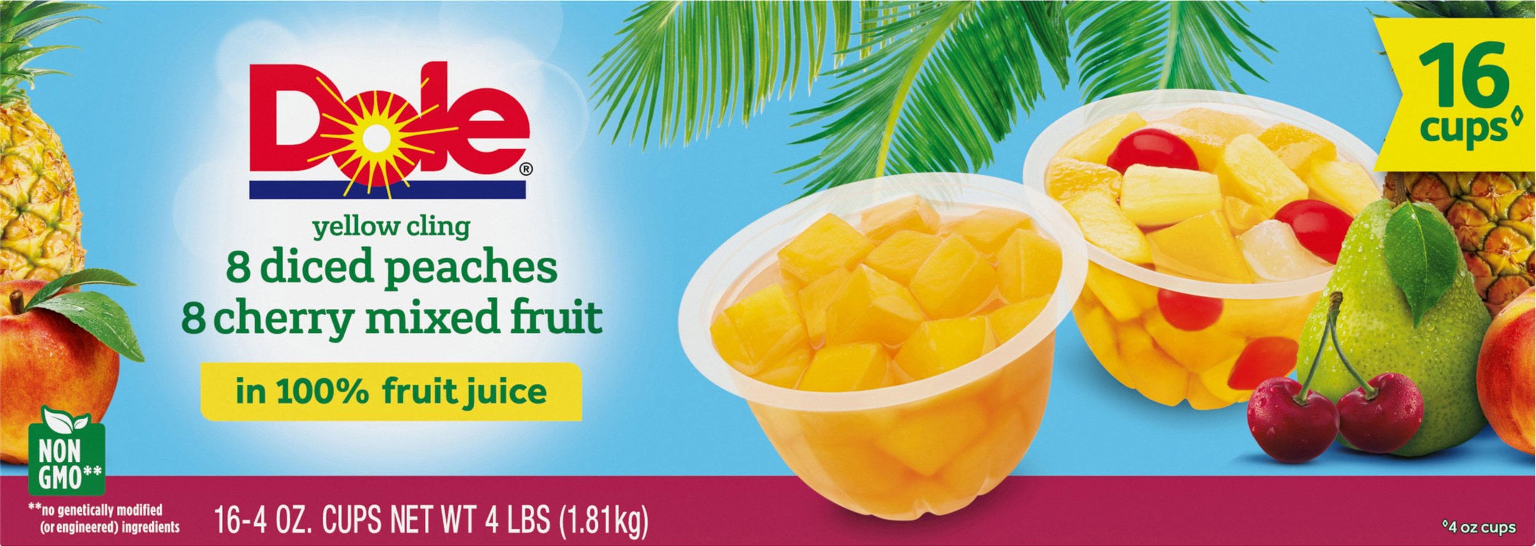 Dole Fruit Bowls, Diced Peaches and Cherry Mixed Fruit Variety Pack, 16 Count, 4 Ounce Cups
