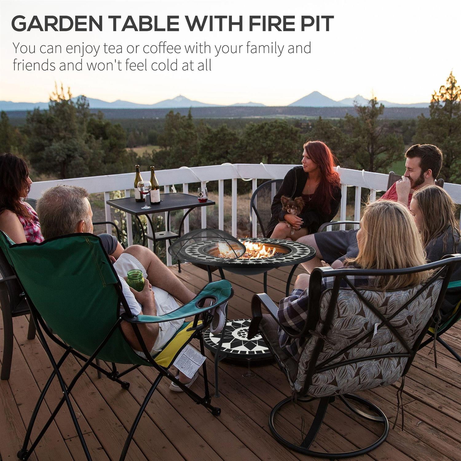 Demi Bonn 30" Outdoor Fire Pit Dining Table with Wood Burning Bowl, Patio Ice Bucket & Storage, Spark Screen for BBQ, Campfires & Outdoor Events, Black