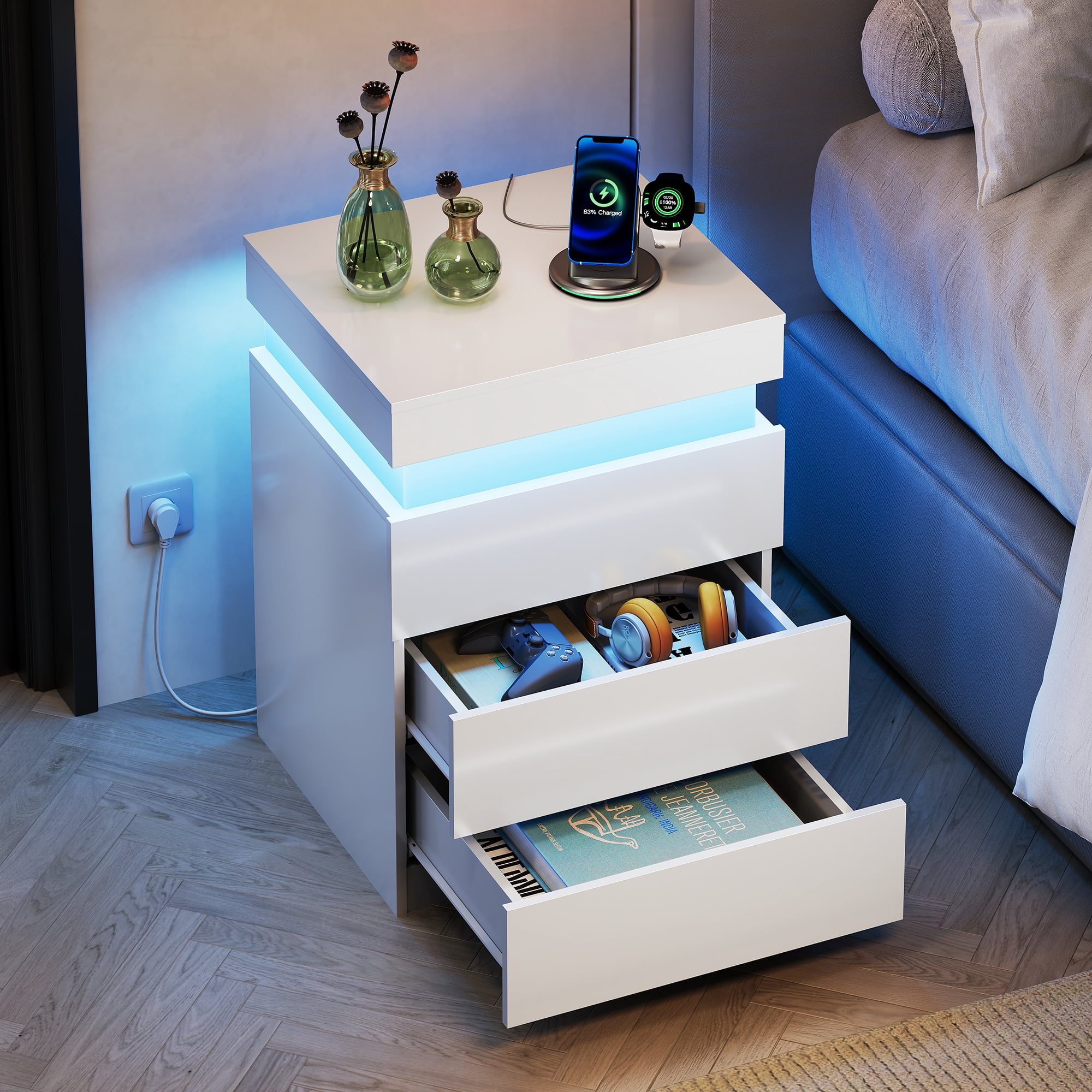 GALAXHERO Nightstand with Charging Station, LED Lights, Side Table with Sliding Top, 3 Drawers Bedside Table with Hidden Space, Modern End Table for Bedroom, Living Room, White