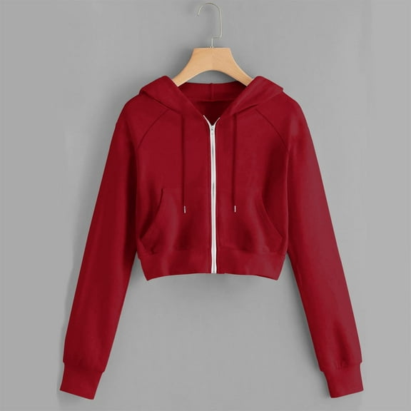 Cropped Sweatshirts for Women Solid Color Womens Hooded Sweatshirt Autumn Oversize Fit Hoodies Casual Zip-up Long Sleeves Everyday Athleisure Essentials