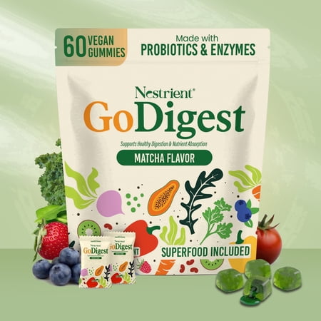 GoDigest Probiotics & Digestive Enzymes Gummies – Gut Health, Bloating Relief & Nutrient Absorption Support with Superfoods & Vitamins, Matcha Flavor, Vegan, 60 Gummies