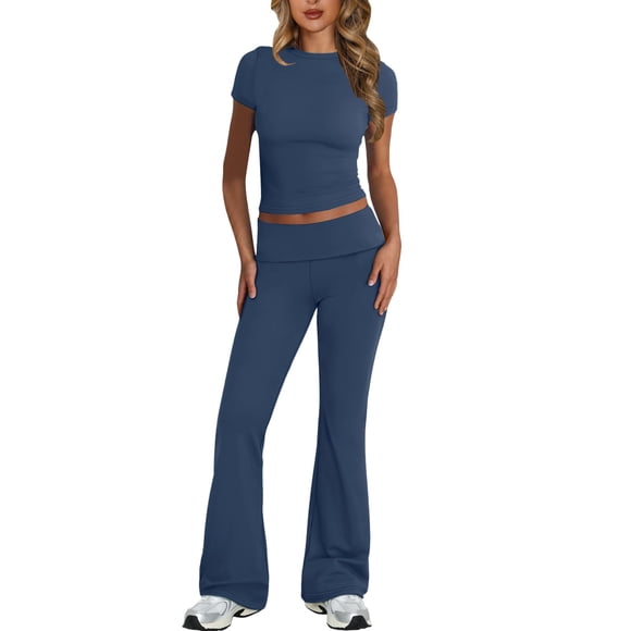 2DXuixsh Womens 2 Piece Sets Fold Over Flare Pants Set Long Sleeve Cropped Top Casual Outfits Pajamas Matching Sets Women Clothing Blue Size S
