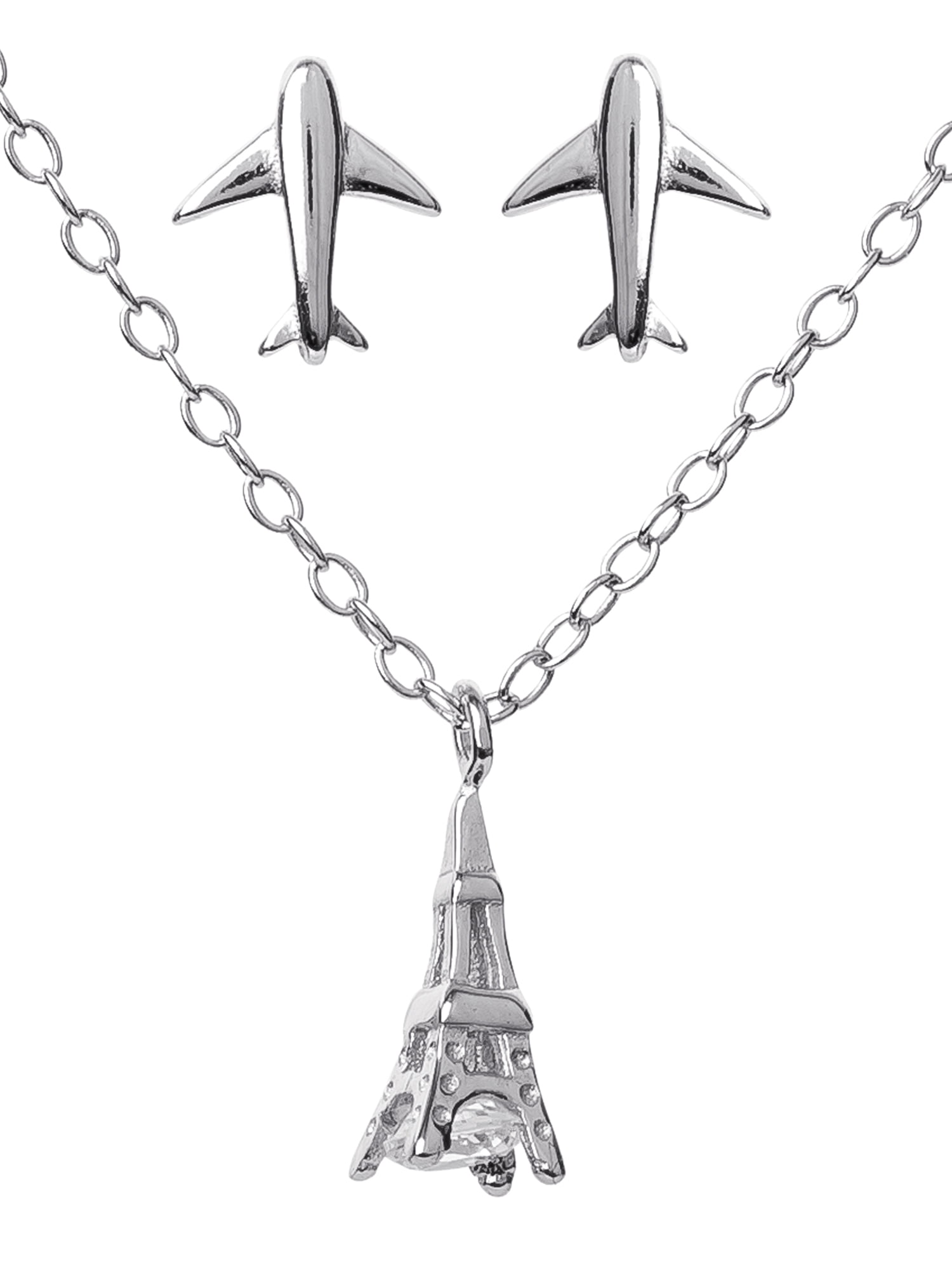 Sterling Silver Cubic Zirconia Eiffel Tower Pendant And Airplane Earring Set, 18' + 2'