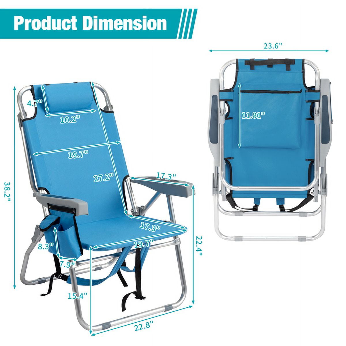 Blue Elevated Beach Chair - 5-Position Adjustable Aluminum Frame, 600D Polyester, Cup Holder & Storage for Outdoor Activities