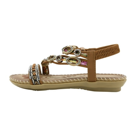 

QISIWOLE Sandals Women Bohemian Flat Flower Rhinestone Sandals Outer Beach Soft Footbed Sandals Deals